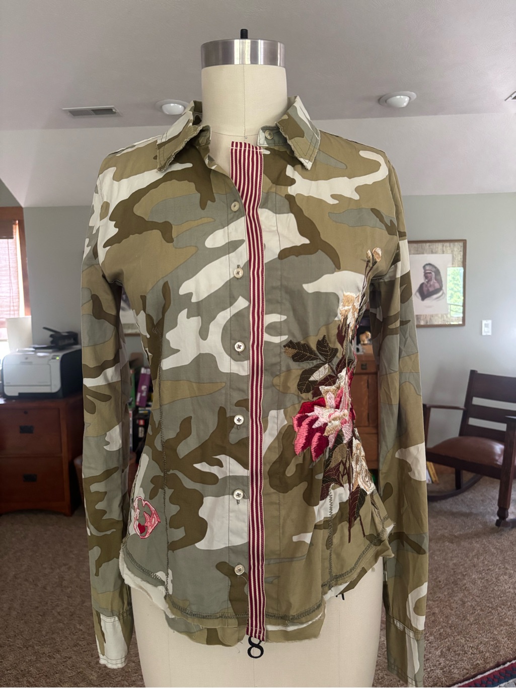 Camo Button-Up Shirt With Floral Embroidery